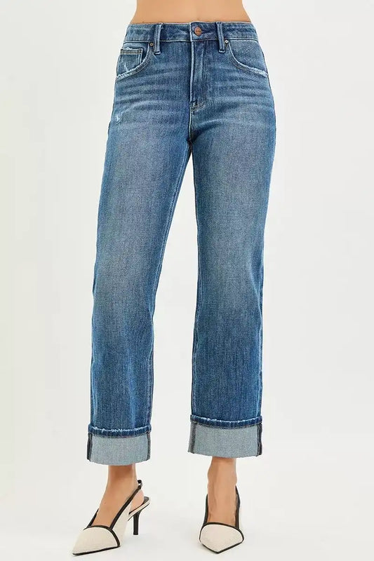 Risen 4 Way Stretch Slouchy Straight Jeans with Cuffed Hem - PSC21468 DARK - Sleekdenim.com