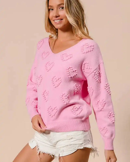 BiBi Valentines Heart Pompom V Neck Knit Top - Sleekdenim.com