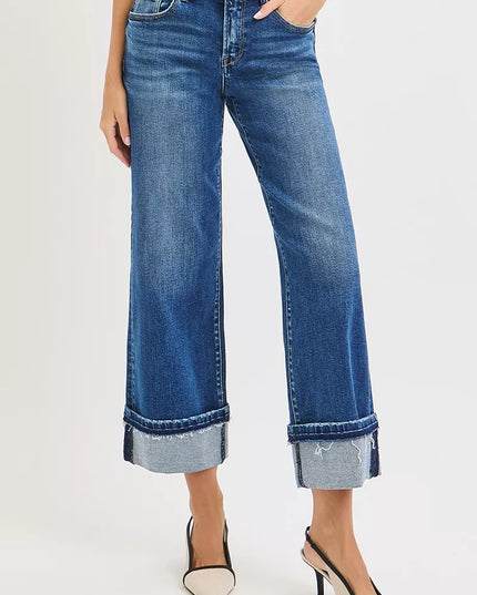 RISEN Mid Rise Ankle Straight Jeans with Cuffed Hem - Sleekdenim.com