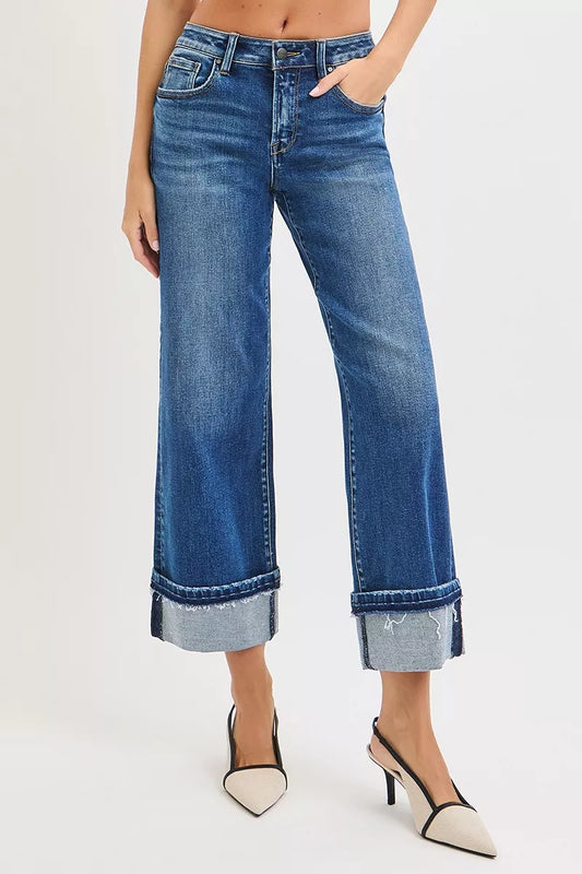 RISEN Mid Rise Ankle Straight Jeans with Cuffed Hem - Sleekdenim.com