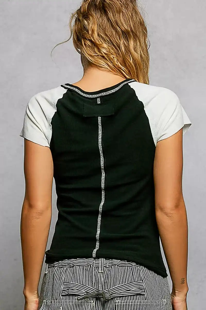 POL Round Neck Outseam Detail T-Shirt with Contrast Color Sleeves - Sleekdenim.com