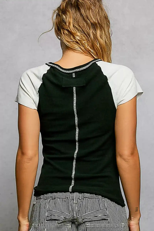 POL Round Neck Outseam Detail T-Shirt with Contrast Color Sleeves - Sleekdenim.com