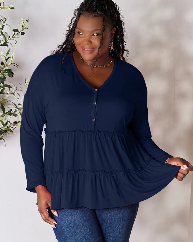 Double Take Half Button Long Sleeve Ruffle Hem Blouse - Sleekdenim.com