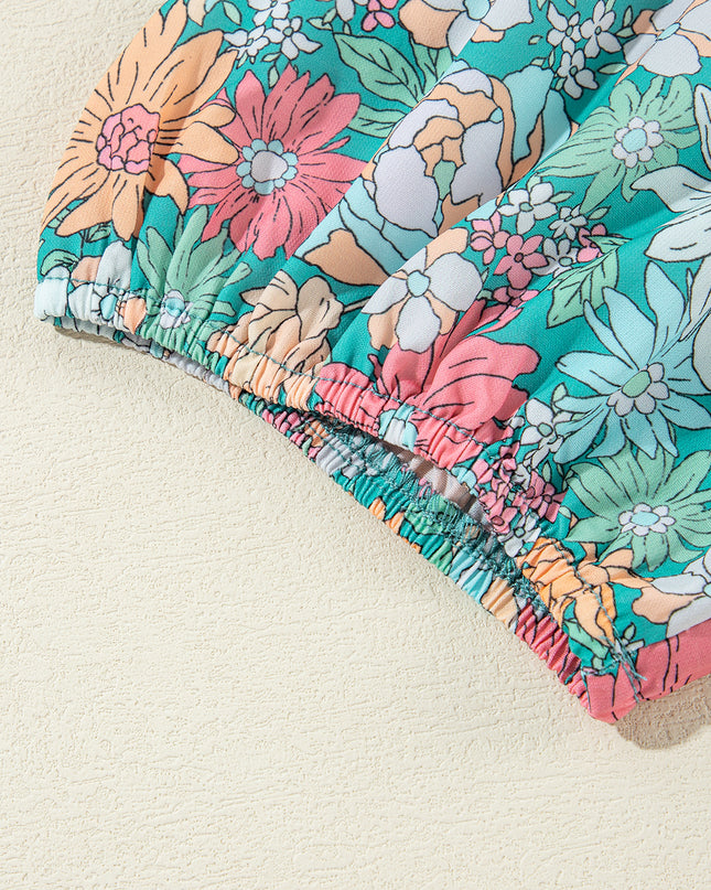 Multicolour Floral Print Short Puff Sleeve V Neck Boho Peplum Blouse - Sleekdenim.com