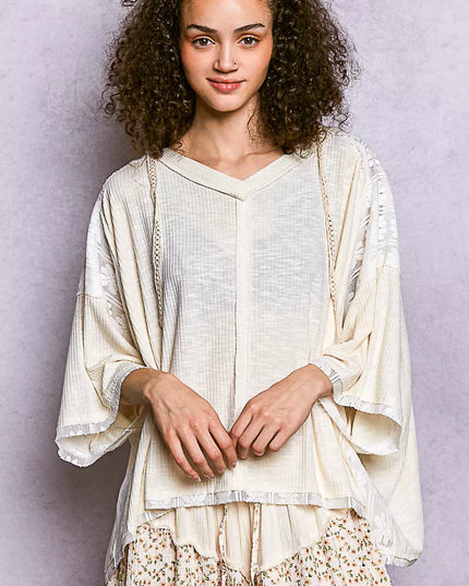 POL Short Sleeve Hoodie Top with Lace Detail - Sleekdenim.com