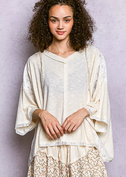 POL Short Sleeve Hoodie Top with Lace Detail - Sleekdenim.com