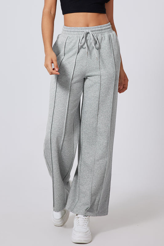 Gray Seamed Drawstring High Waist Wide Leg Sweatpants - Sleekdenim.com
