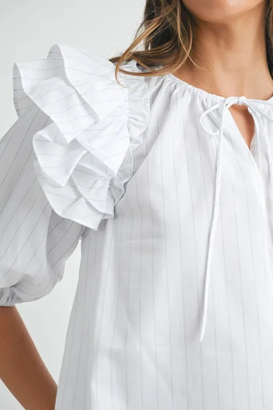 MABLE Stripe Ruffle Shoulder Puff Sleeve Blouse - Sleekdenim.com