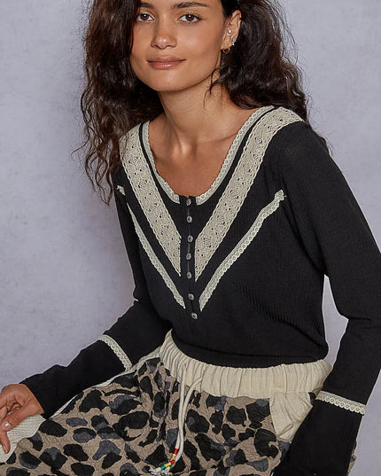 POL Ribbed Half Button Lace Detail Knit Top - Sleekdenim.com