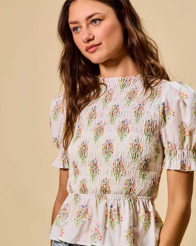 SO ME Floral Cotton Smocked Short Sleeves Blouse - Sleekdenim.com