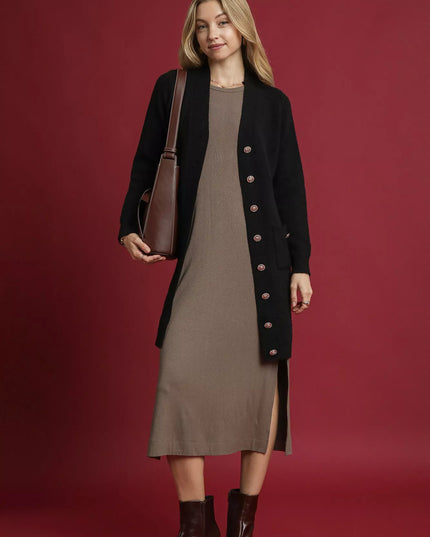 Umgee Button-Down Longline Sweater Cardigan with Front Pockets - Sleekdenim.com