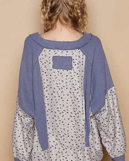 POL Waffle Knit Floral Notched Long Sleeve Top - Sleekdenim.com