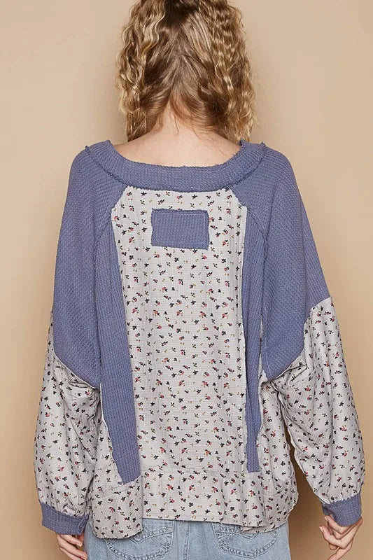 POL Waffle Knit Floral Notched Long Sleeve Top - Sleekdenim.com