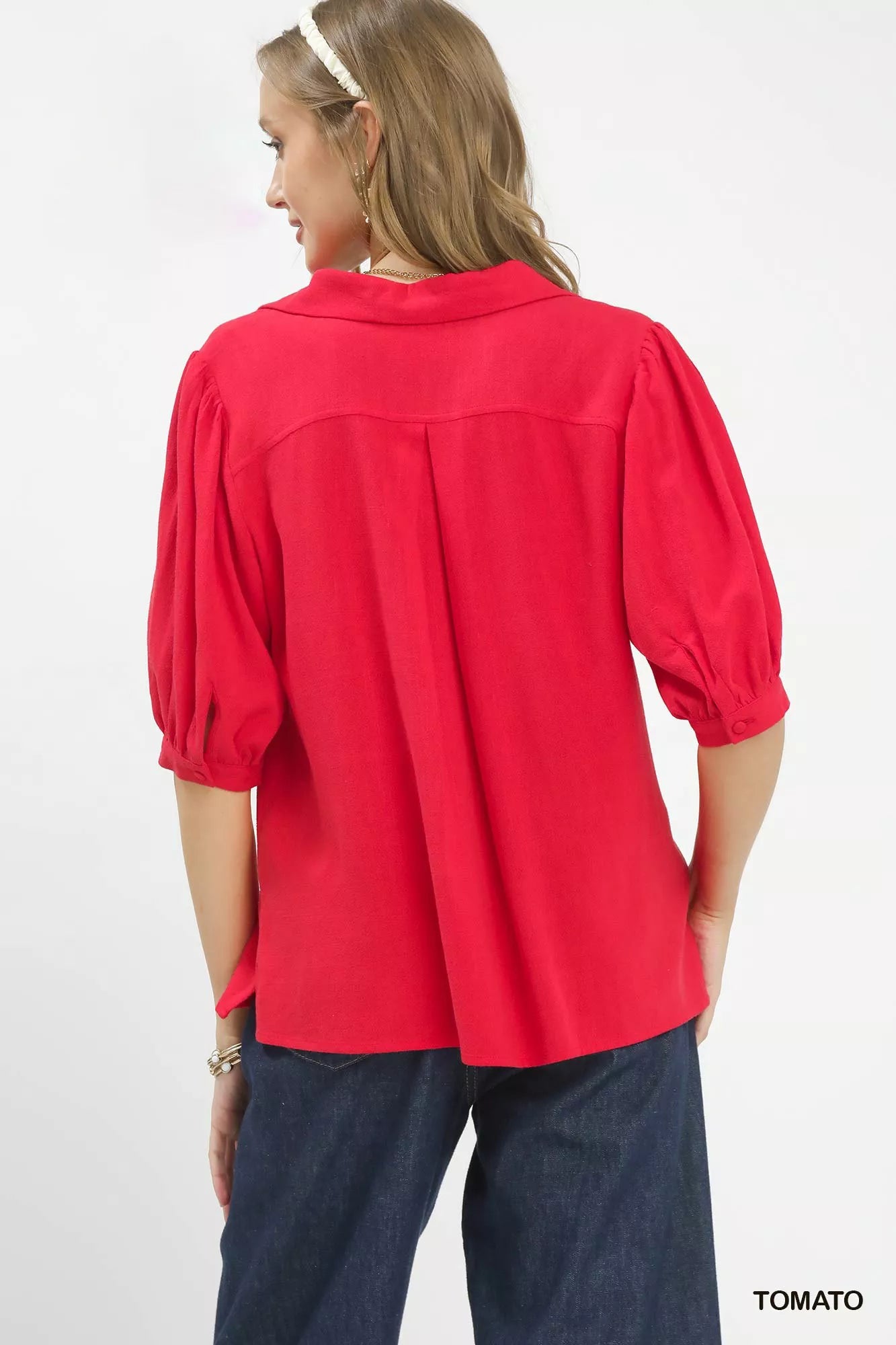 Umgee Mixed Media V-Neck Print Blouse - Image 3