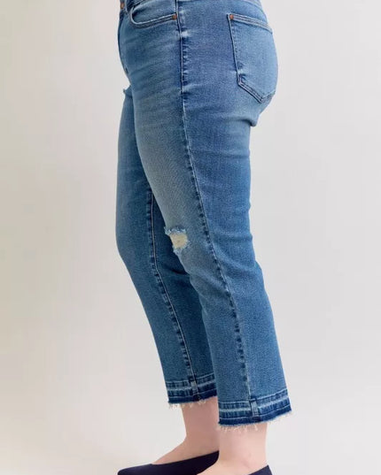 Judy Blue Full Size Mid Rise Bf Patch & Repair Destroy Release Hem Jeans Plus Size - Sleekdenim.com