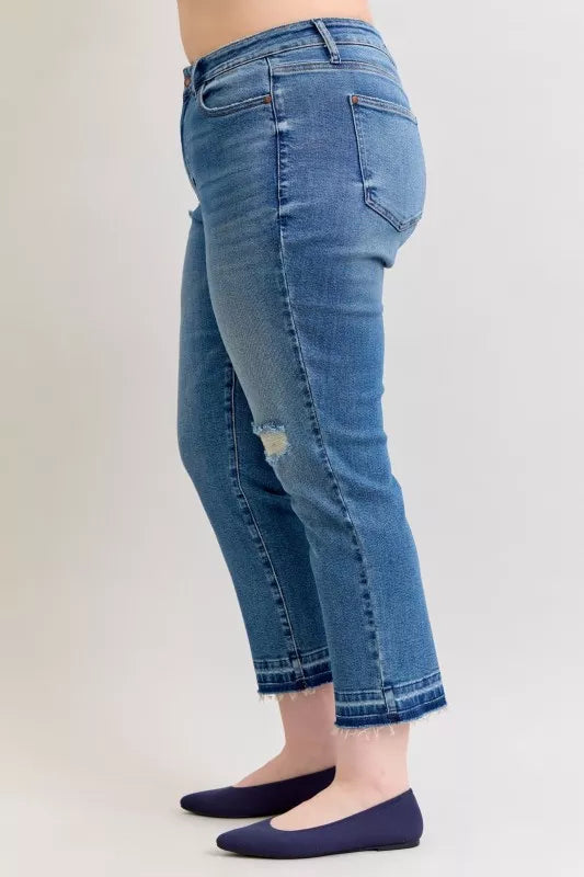 Judy Blue Full Size Mid Rise Bf Patch & Repair Destroy Release Hem Jeans Plus Size - Sleekdenim.com
