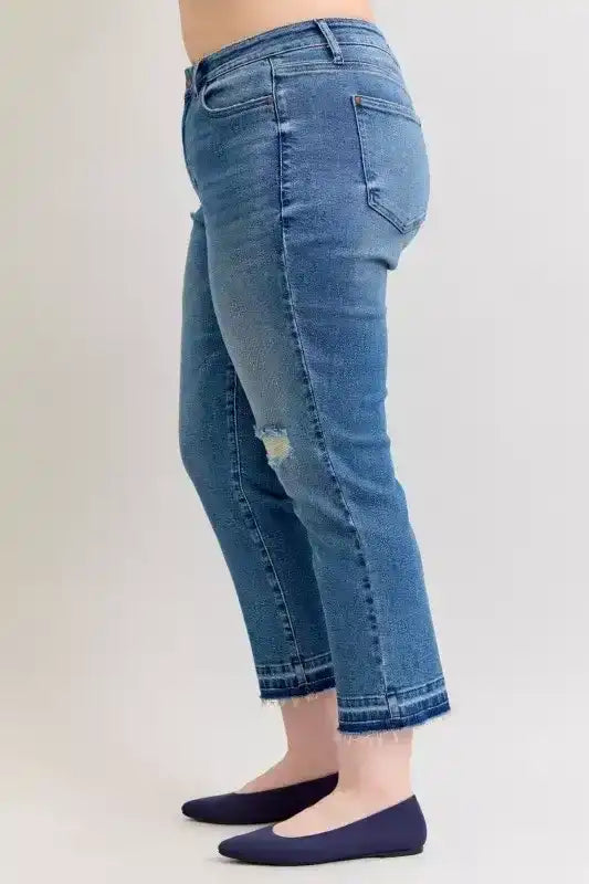 Judy Blue Mid Rise Boyfriend Patch & Repair Destroy Release Hem Jeans 881045 - Sleekdenim.com