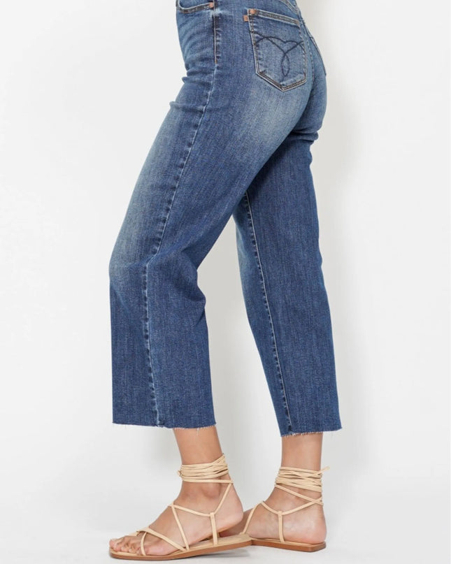 Judy Blue High Waist Back Pocket Embroidery Crop Wide Jeans - Sleekdenim.com