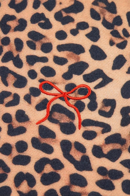 Leopard Bow Embroidered Pullover and Pants Set - Sleekdenim.com