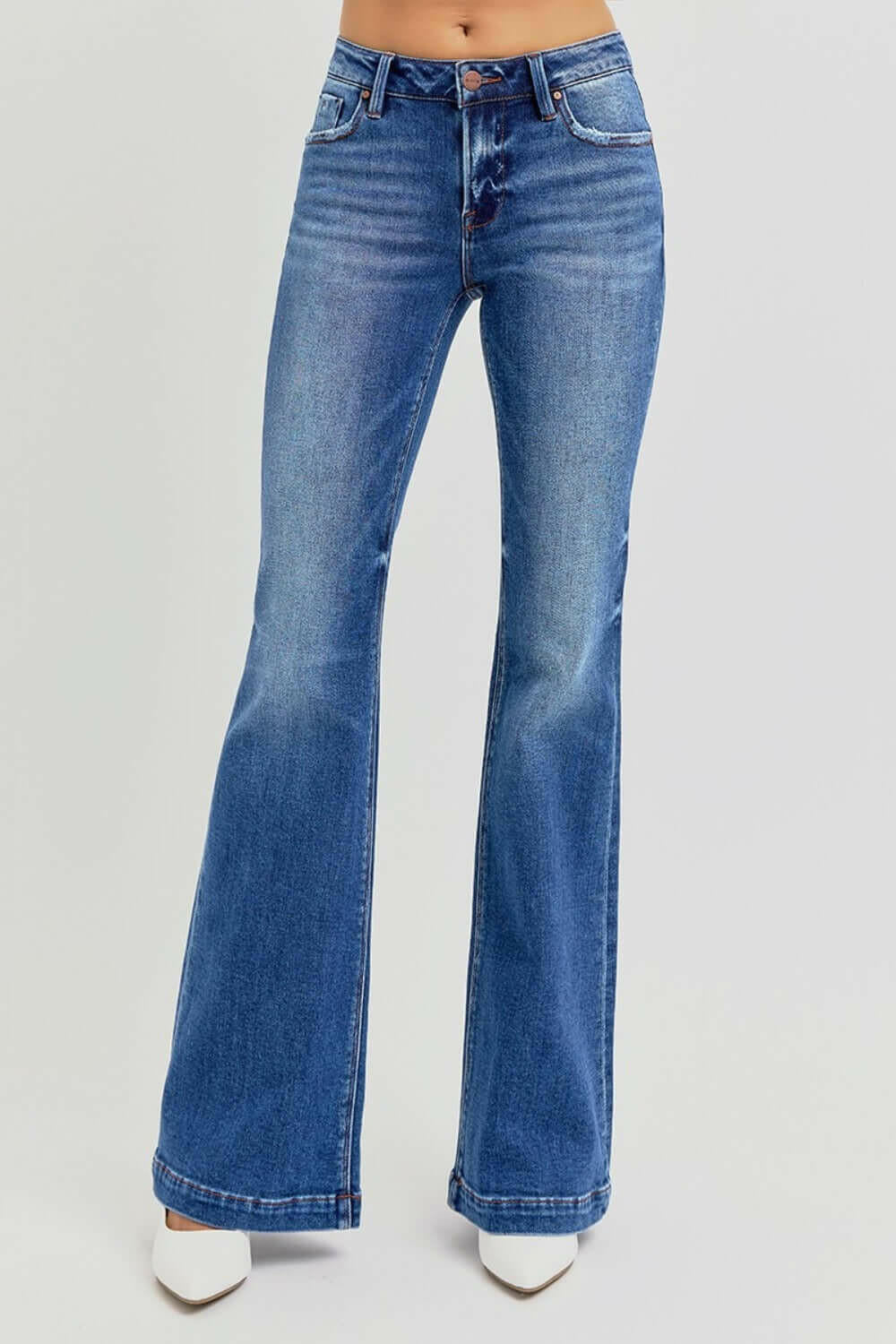 RISEN Full Size Low Rise Flare Jeans with Pockets.