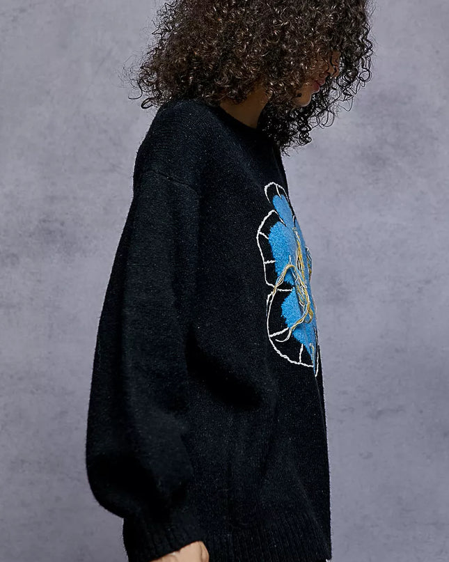 POL Floral Pattern Round Neck Sweater with Exposed Stitching - Sleekdenim.com