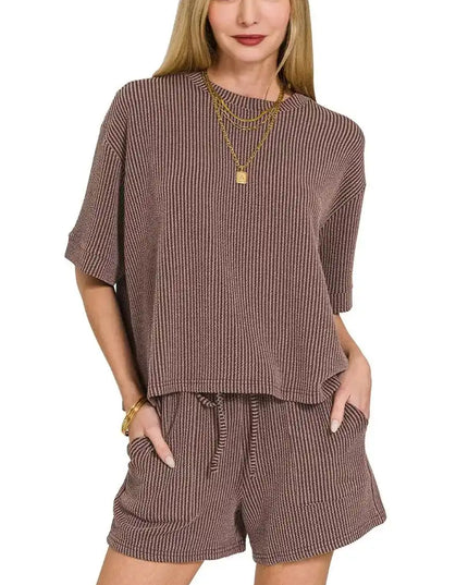 Zenana Raised Rib Short Sleeve Tee and Drawstring Shorts Set - Sleekdenim.com