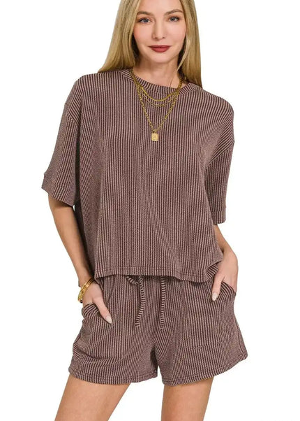 Zenana Raised Rib Short Sleeve Tee and Drawstring Shorts Set - Sleekdenim.com