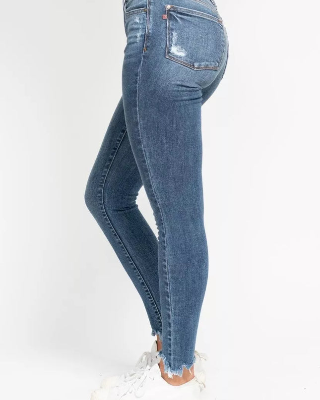 Judy Blue High Waist Skinny Jeans with Destroy & Shark Bit Hem - Sleekdenim.com