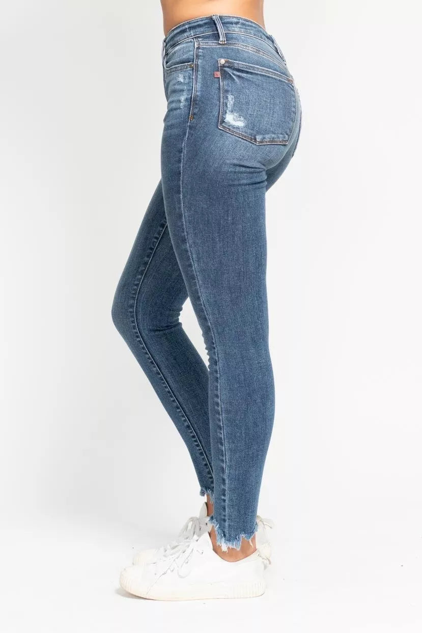 Judy Blue High Waist Skinny Jeans with Destroy & Shark Bit Hem - Sleekdenim.com