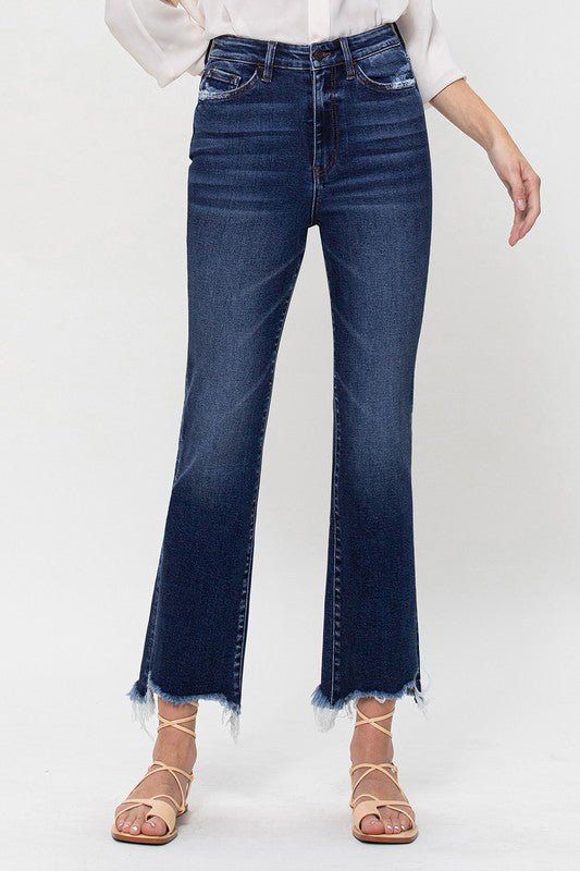 High Rise Distressed Hem Kick Flare Jeans | Sleekdenim.com