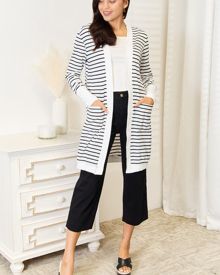 Double Take Striped Open Front Longline Cardigan - Sleekdenim.com
