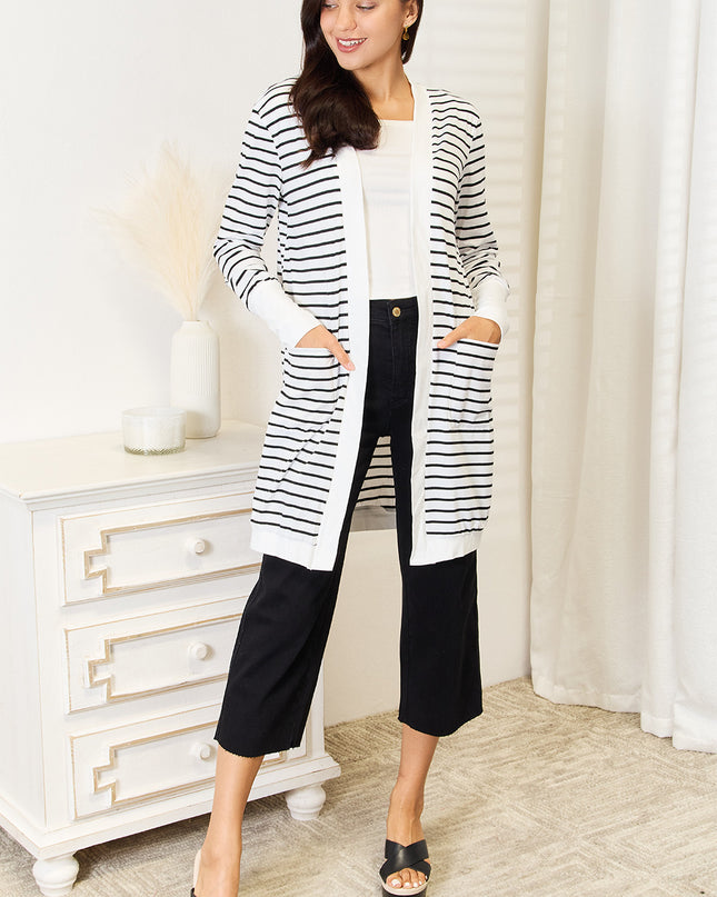 Double Take Striped Open Front Longline Cardigan - Sleekdenim.com