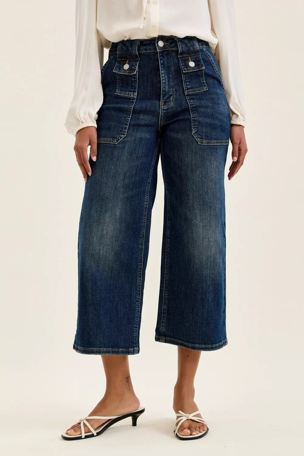 Judy Blue High Waist Wide Crop Utility Jeans with Patch Pocket 881007 - Sleekdenim.com