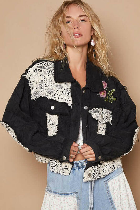 POL Crochet Patch Embroidered Button Up Jacket | Sleekdenim.com