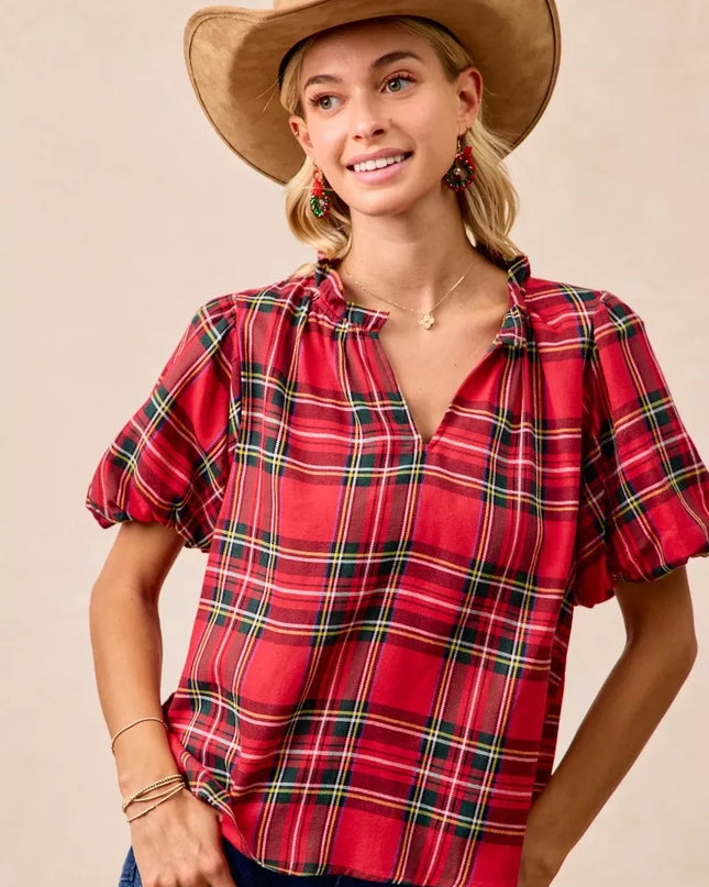 BiBi Christmas Plaid Short Sleeves Ruffled Blouse - Sleekdenim.com