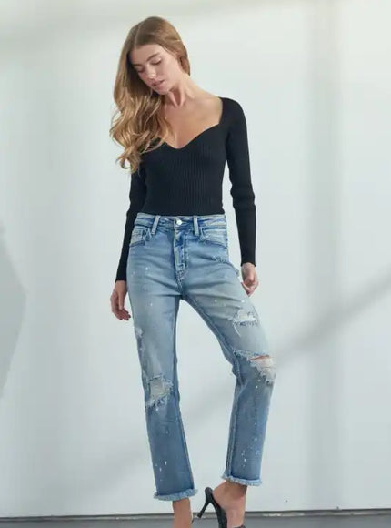 Artemis Vintage AT1050STM High Rise Distressed Straight Jeans - Sleekdenim.com