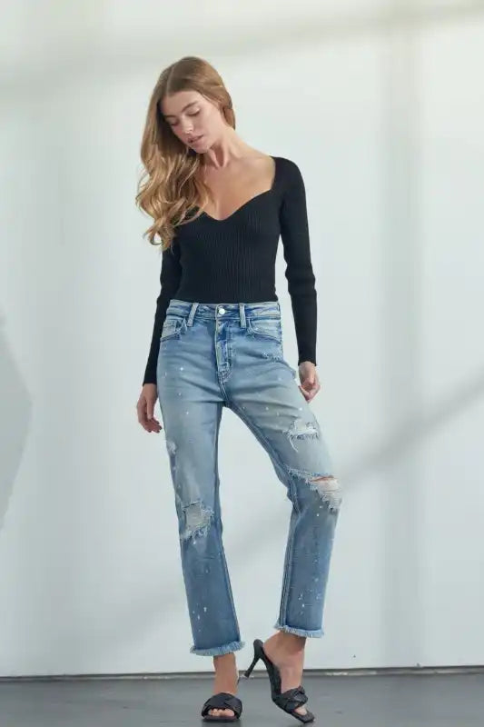 Artemis Vintage AT1050STM High Rise Distressed Straight Jeans - Sleekdenim.com