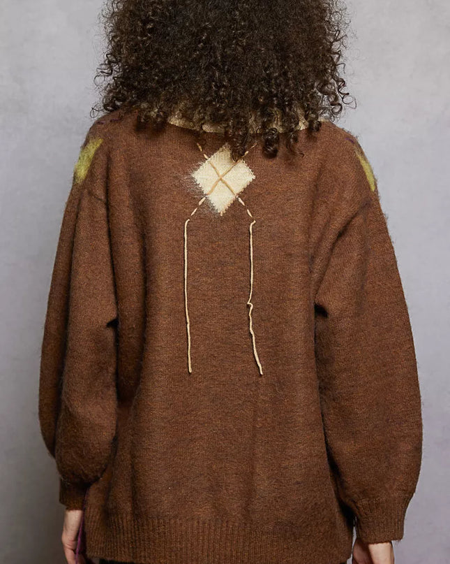 POL V-Neck Argyle Pattern Mohair Sweater with Contrast Exposed Stitch Detail - Sleekdenim.com