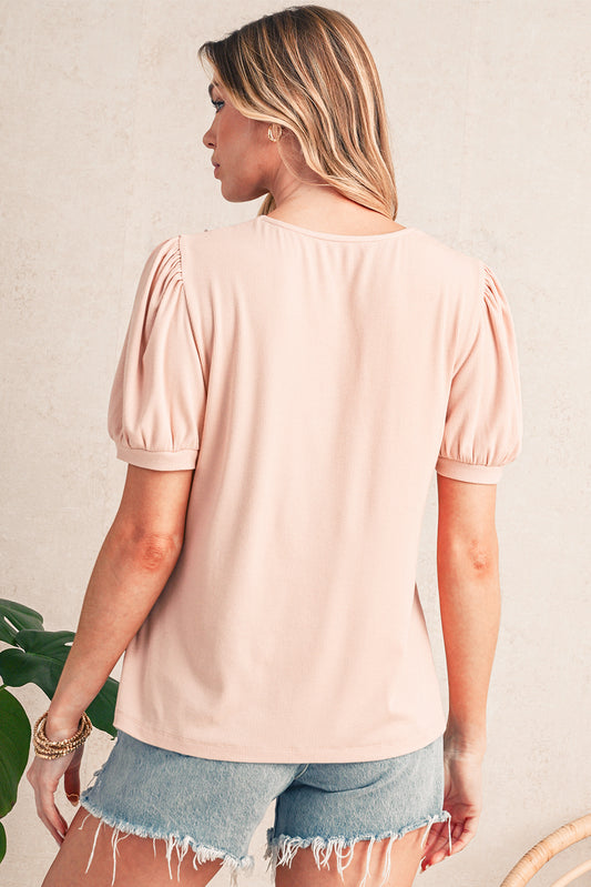 Pale Chestnut Floral Crochet V Neck Crinkled Blouse - 1