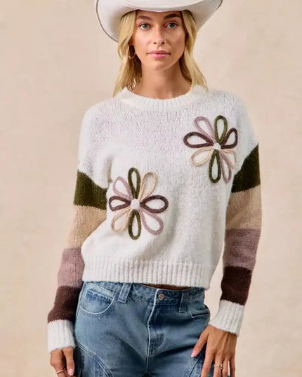 BiBi Flower Color Block Sweater - Sleekdenim.com