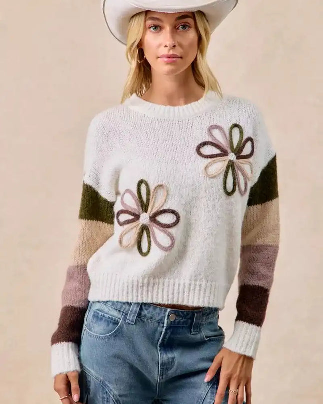 BiBi Flower Color Block Sweater - Sleekdenim.com