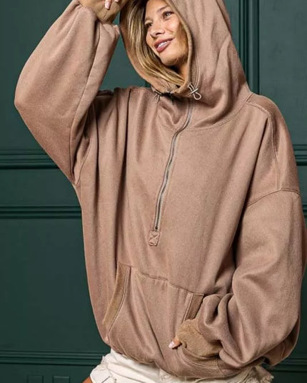 BiBi Stitch Detailed Elastic Hem Half Zip Fleece Hoodie - Sleekdenim.com