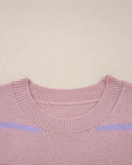 Stripe Ribbed Trim Drop Shoulder Sweater - Sleekdenim.com