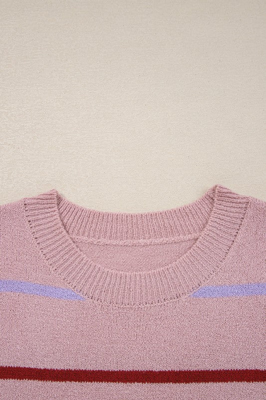 Stripe Ribbed Trim Drop Shoulder Sweater - Sleekdenim.com