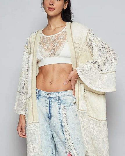 POL Double Gauze and Lace Mix Cardigan with Embroidered Detail - Sleekdenim.com