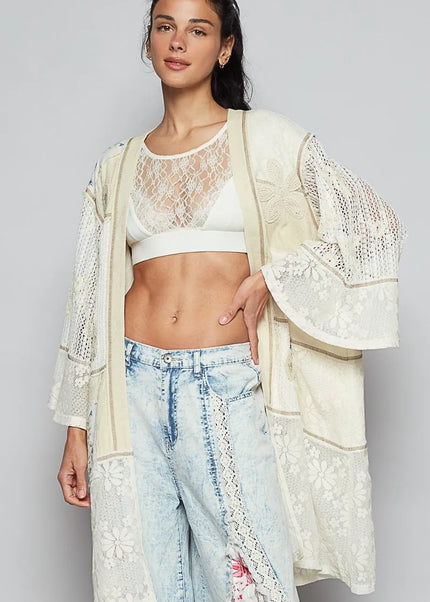 POL Double Gauze and Lace Mix Cardigan with Embroidered Detail - Sleekdenim.com