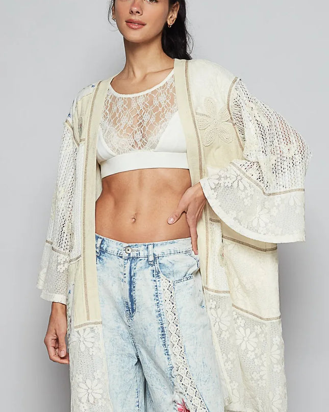 POL Double Gauze and Lace Mix Cardigan with Embroidered Detail - Sleekdenim.com