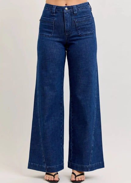 Judy Blue High-Waisted Retro Wide Jeans with Patch Pkts & Twisted Seams - Sleekdenim.com