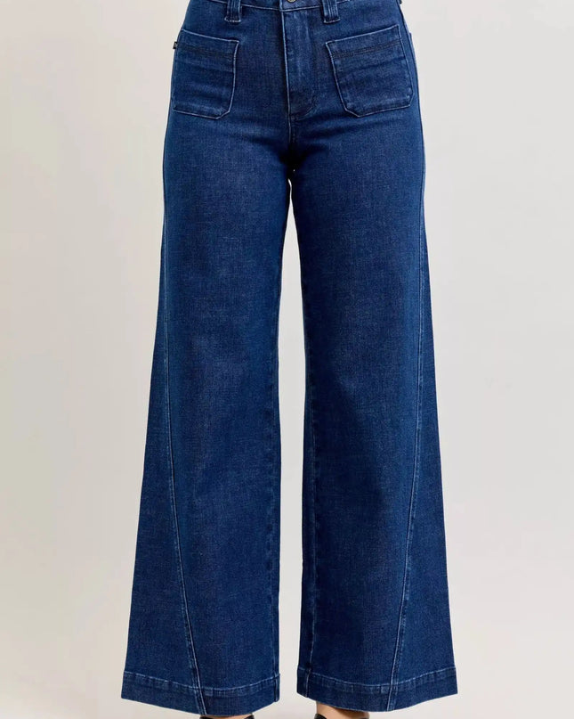 Judy Blue High-Waisted Retro Wide Jeans with Patch Pkts & Twisted Seams - Sleekdenim.com