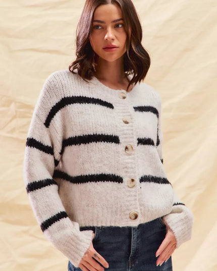 SO ME Stripe Soft Touch Button Cozy Sweater Cardigan - Sleekdenim.com